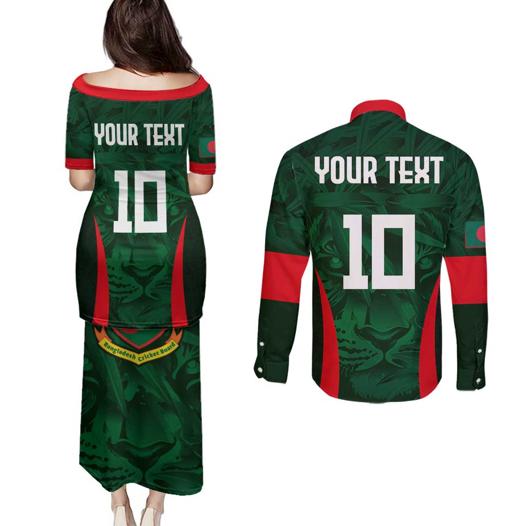 Custom Bangladesh Cricket Couples Matching Puletasi and Long Sleeve Button Shirt The Tigers Green-Red Glory