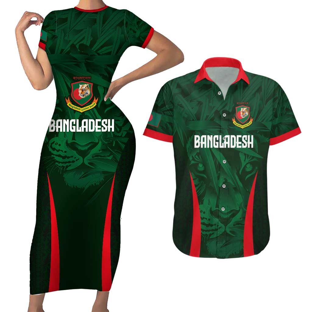Custom Bangladesh Cricket Couples Matching Short Sleeve Bodycon Dress and Hawaiian Shirt The Tigers Green-Red Glory