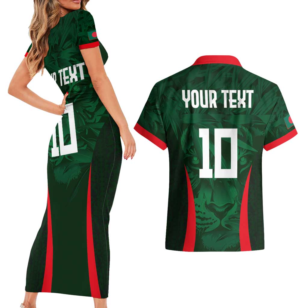 Custom Bangladesh Cricket Couples Matching Short Sleeve Bodycon Dress and Hawaiian Shirt The Tigers Green-Red Glory
