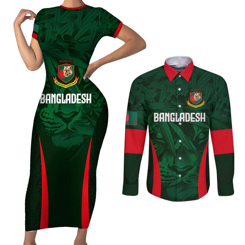 Custom Bangladesh Cricket Couples Matching Short Sleeve Bodycon Dress and Long Sleeve Button Shirt The Tigers Green-Red Glory