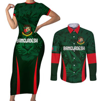 Custom Bangladesh Cricket Couples Matching Short Sleeve Bodycon Dress and Long Sleeve Button Shirt The Tigers Green-Red Glory