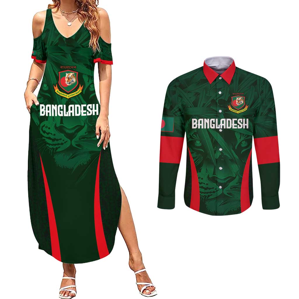 Custom Bangladesh Cricket Couples Matching Summer Maxi Dress and Long Sleeve Button Shirt The Tigers Green-Red Glory