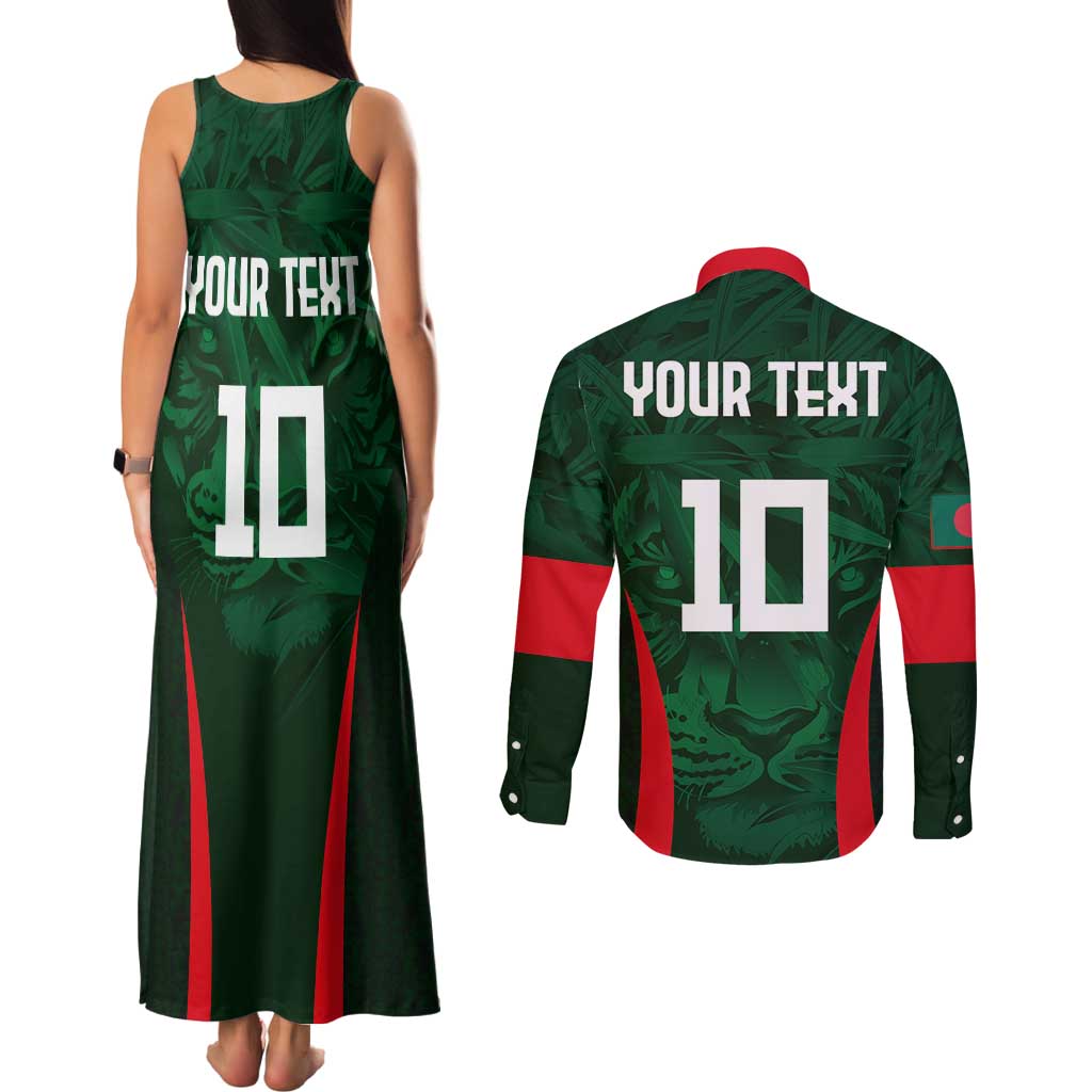 Custom Bangladesh Cricket Couples Matching Tank Maxi Dress and Long Sleeve Button Shirt The Tigers Green-Red Glory