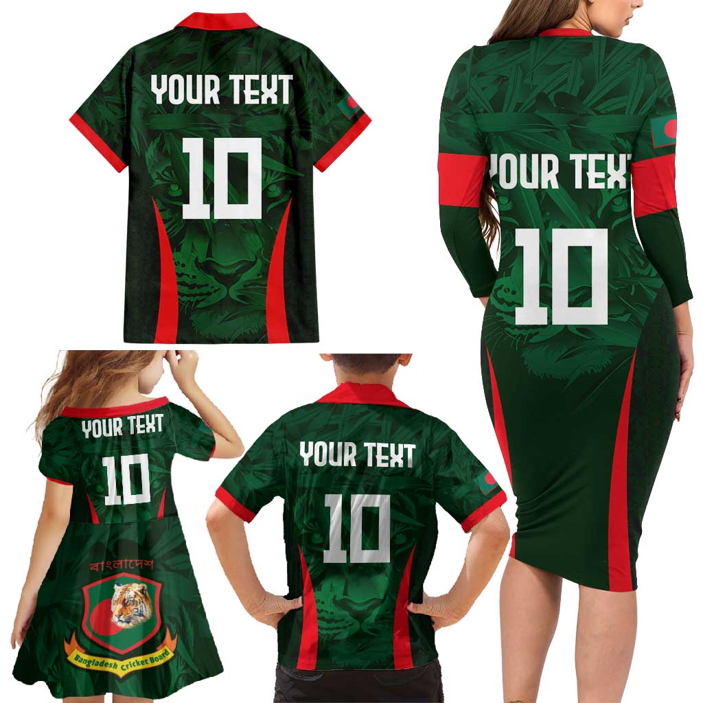Custom Bangladesh Cricket Family Matching Long Sleeve Bodycon Dress and Hawaiian Shirt The Tigers Green-Red Glory