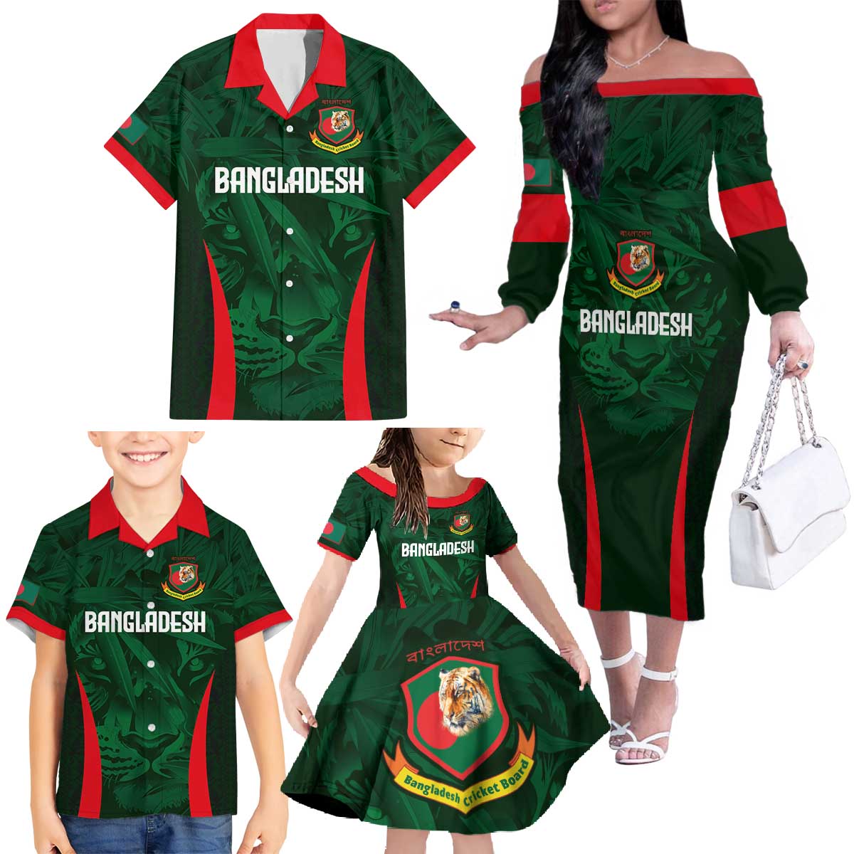 Custom Bangladesh Cricket Family Matching Off The Shoulder Long Sleeve Dress and Hawaiian Shirt The Tigers Green-Red Glory