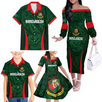Custom Bangladesh Cricket Family Matching Off The Shoulder Long Sleeve Dress and Hawaiian Shirt The Tigers Green-Red Glory