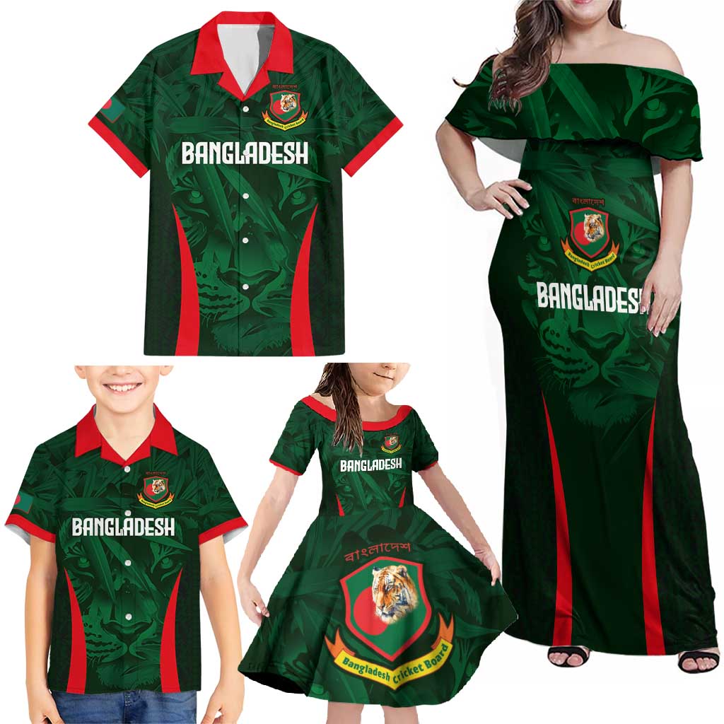 Custom Bangladesh Cricket Family Matching Off Shoulder Maxi Dress and Hawaiian Shirt The Tigers Green-Red Glory