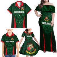 Custom Bangladesh Cricket Family Matching Off Shoulder Maxi Dress and Hawaiian Shirt The Tigers Green-Red Glory