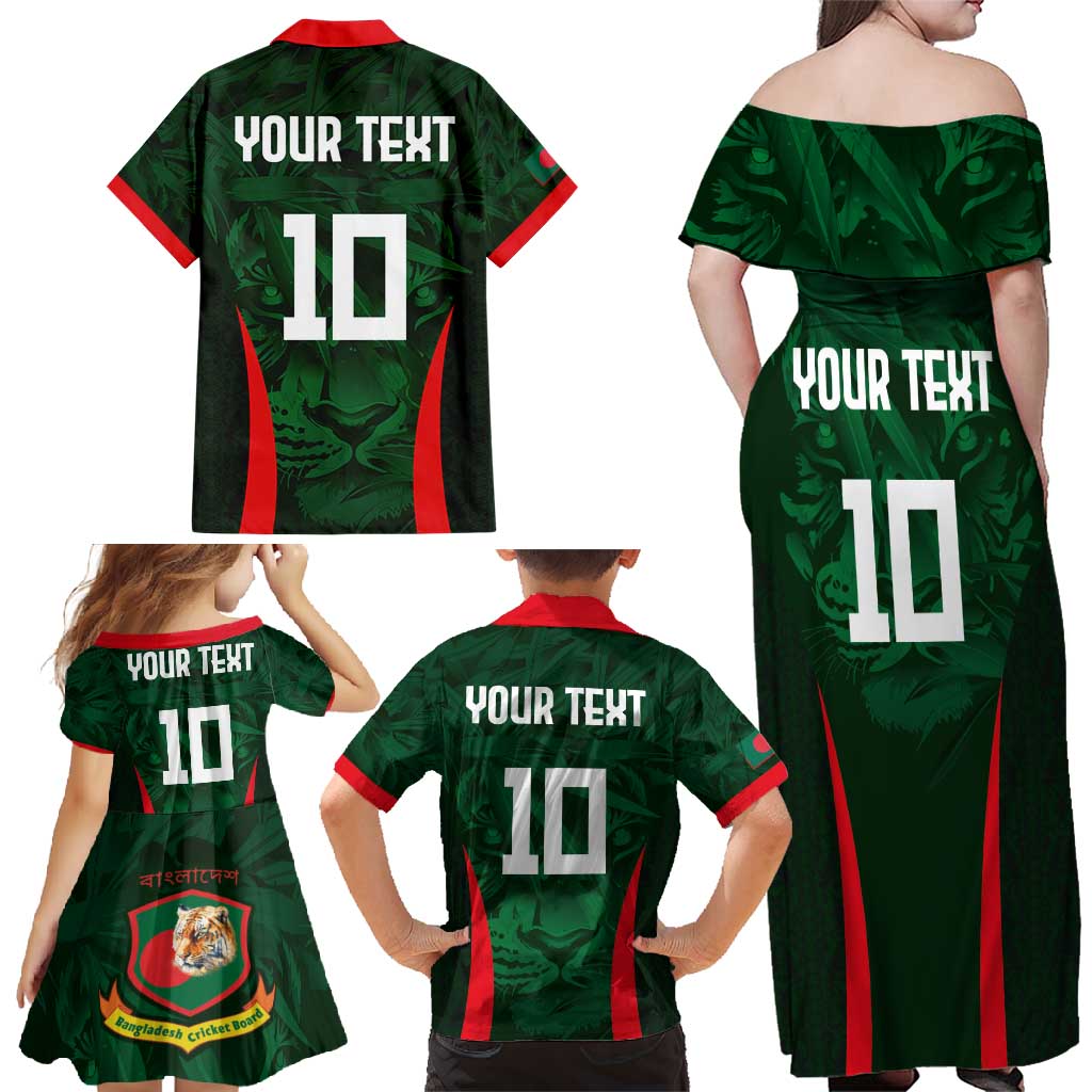 Custom Bangladesh Cricket Family Matching Off Shoulder Maxi Dress and Hawaiian Shirt The Tigers Green-Red Glory