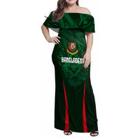 Custom Bangladesh Cricket Family Matching Off Shoulder Maxi Dress and Hawaiian Shirt The Tigers Green-Red Glory
