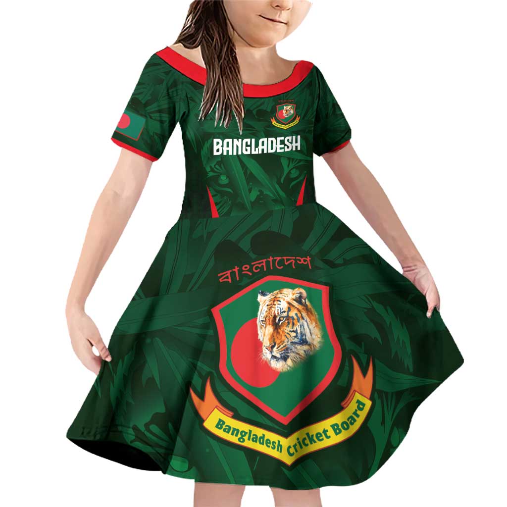 Custom Bangladesh Cricket Family Matching Off Shoulder Short Dress and Hawaiian Shirt The Tigers Green-Red Glory