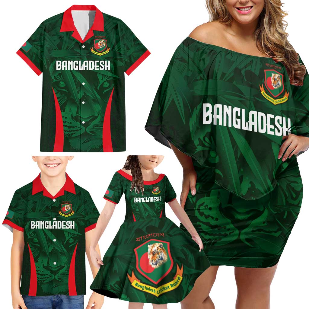 Custom Bangladesh Cricket Family Matching Off Shoulder Short Dress and Hawaiian Shirt The Tigers Green-Red Glory