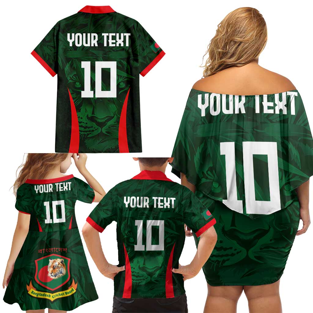 Custom Bangladesh Cricket Family Matching Off Shoulder Short Dress and Hawaiian Shirt The Tigers Green-Red Glory