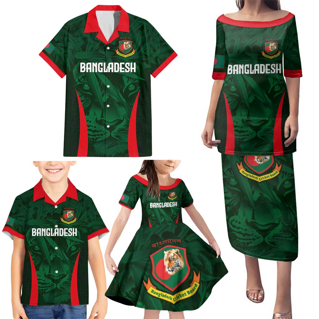 Custom Bangladesh Cricket Family Matching Puletasi and Hawaiian Shirt The Tigers Green-Red Glory