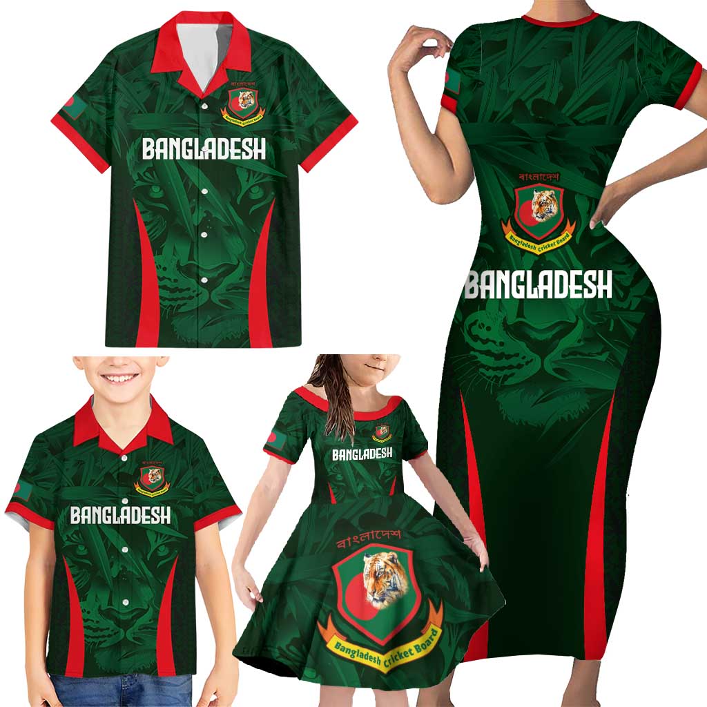 Custom Bangladesh Cricket Family Matching Short Sleeve Bodycon Dress and Hawaiian Shirt The Tigers Green-Red Glory