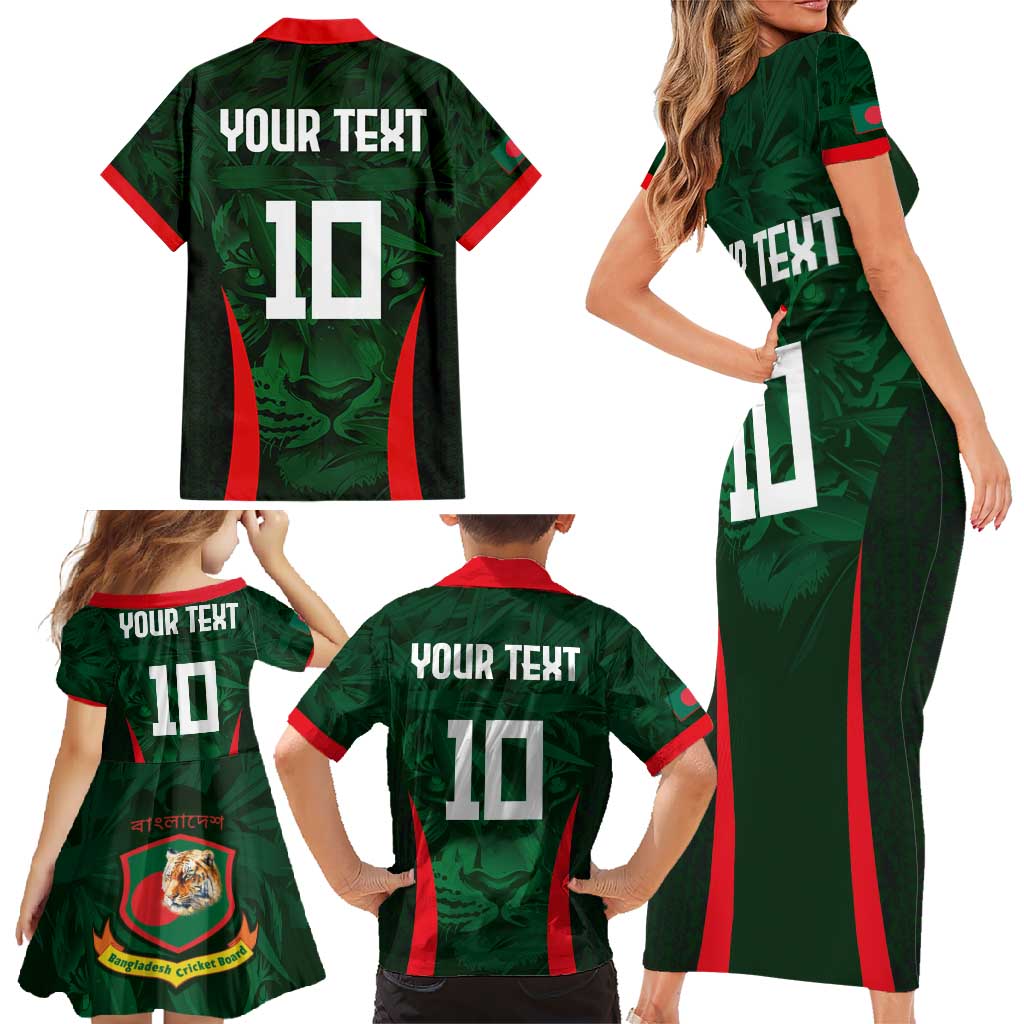 Custom Bangladesh Cricket Family Matching Short Sleeve Bodycon Dress and Hawaiian Shirt The Tigers Green-Red Glory