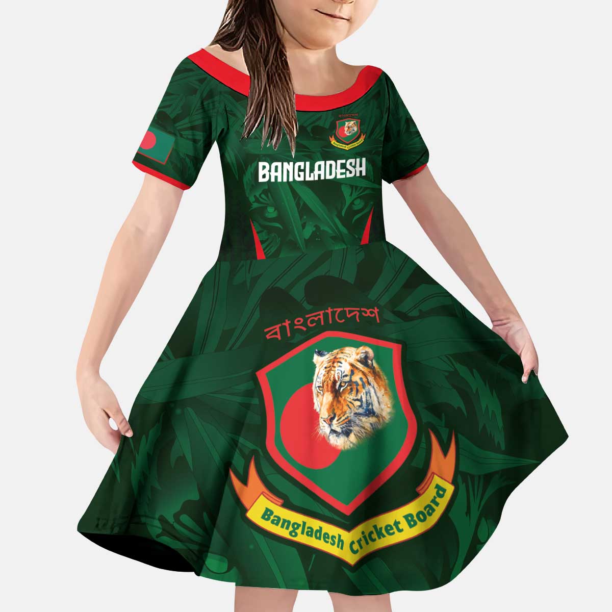 Custom Bangladesh Cricket Kid Short Sleeve Dress The Tigers Green-Red Glory