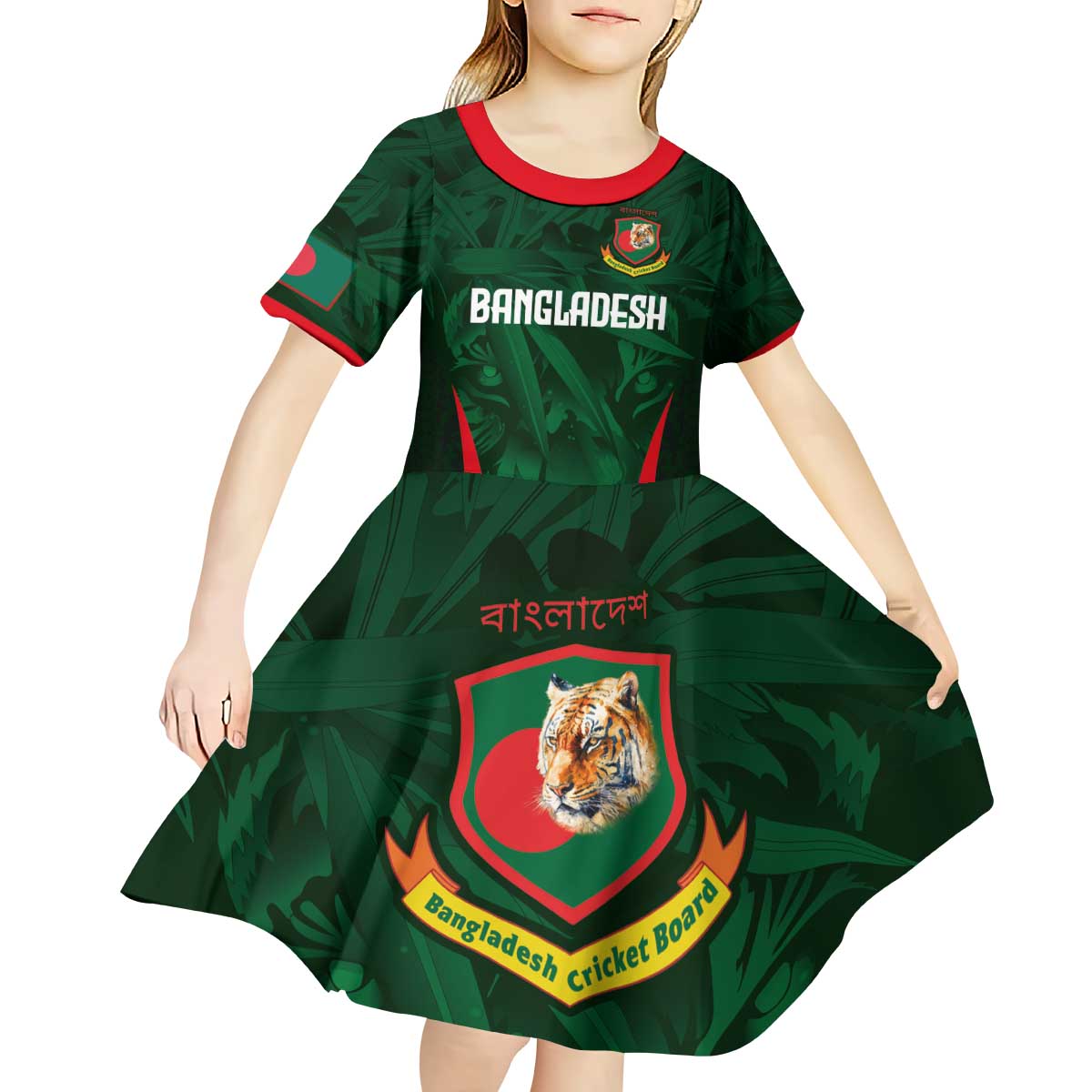 Custom Bangladesh Cricket Kid Short Sleeve Dress The Tigers Green-Red Glory