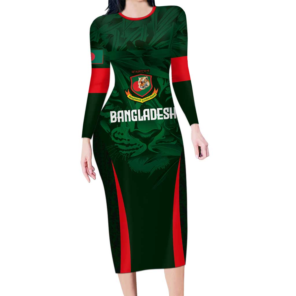 Custom Bangladesh Cricket Long Sleeve Bodycon Dress The Tigers Green-Red Glory