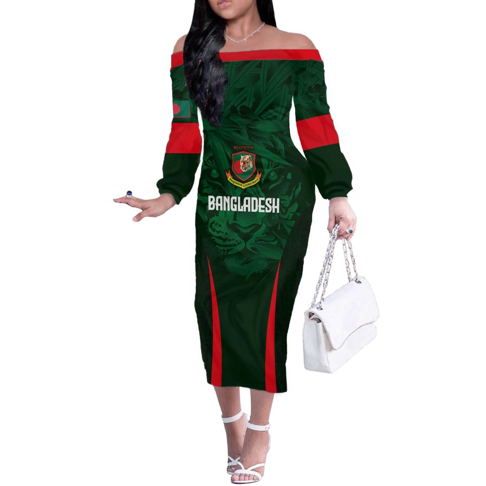 Custom Bangladesh Cricket Off The Shoulder Long Sleeve Dress The Tigers Green-Red Glory
