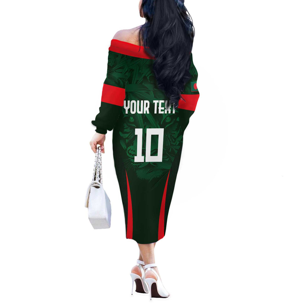 Custom Bangladesh Cricket Off The Shoulder Long Sleeve Dress The Tigers Green-Red Glory