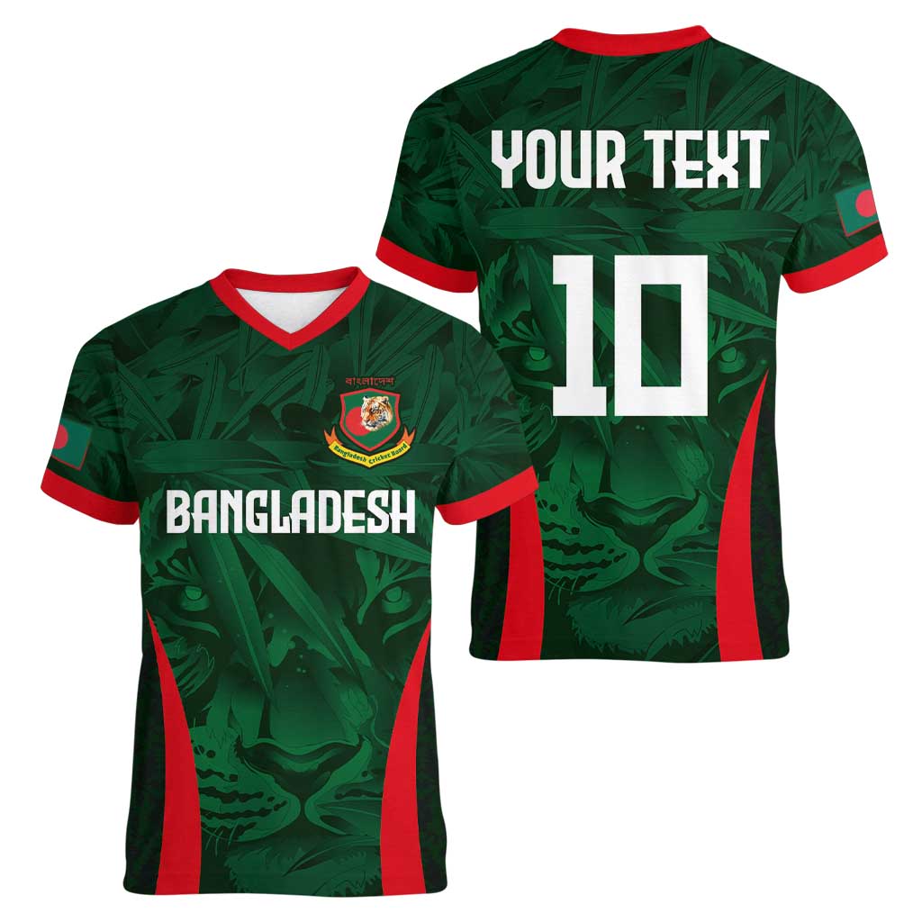 Custom Bangladesh Cricket Women V-Neck T-Shirt The Tigers Green-Red Glory