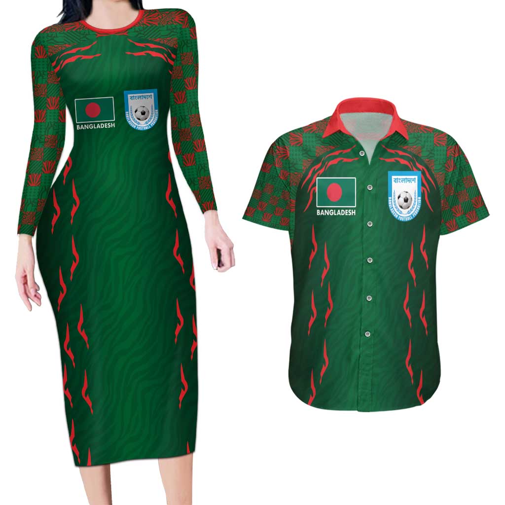 Custom Bangladesh Football Couples Matching Long Sleeve Bodycon Dress and Hawaiian Shirt Bengal Tigers Green-Red Warriors