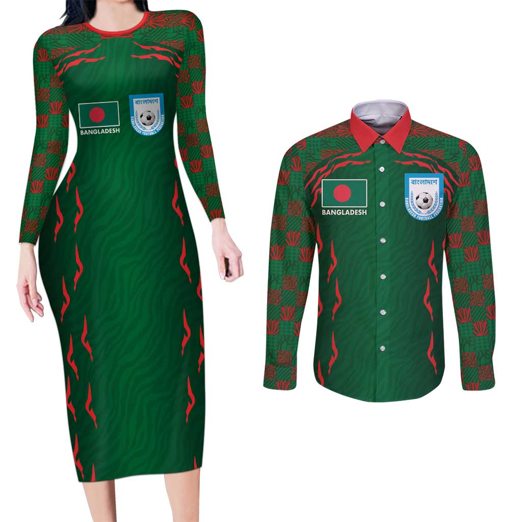 Custom Bangladesh Football Couples Matching Long Sleeve Bodycon Dress and Long Sleeve Button Shirt Bengal Tigers Green-Red Warriors