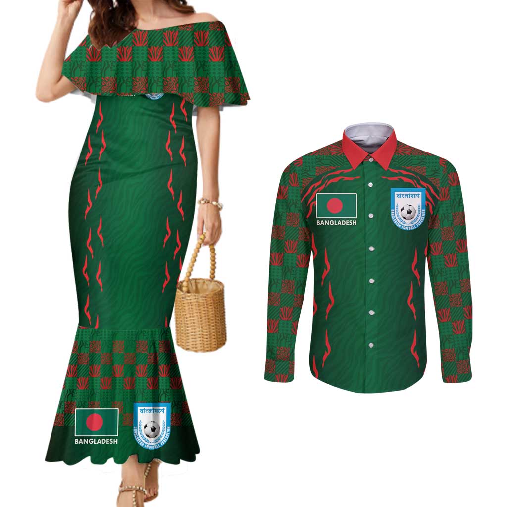 Custom Bangladesh Football Couples Matching Mermaid Dress and Long Sleeve Button Shirt Bengal Tigers Green-Red Warriors