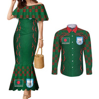 Custom Bangladesh Football Couples Matching Mermaid Dress and Long Sleeve Button Shirt Bengal Tigers Green-Red Warriors