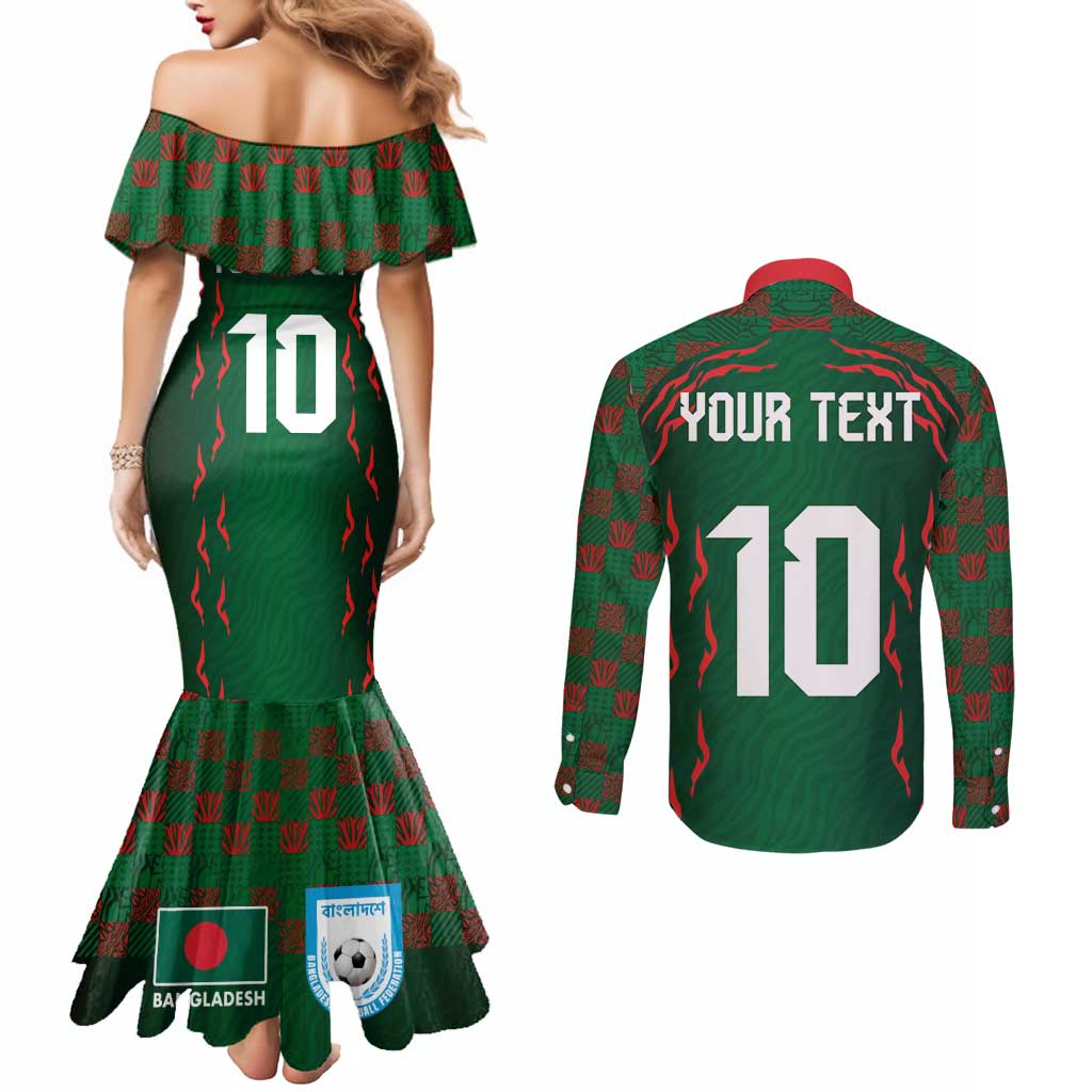Custom Bangladesh Football Couples Matching Mermaid Dress and Long Sleeve Button Shirt Bengal Tigers Green-Red Warriors