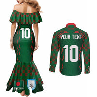 Custom Bangladesh Football Couples Matching Mermaid Dress and Long Sleeve Button Shirt Bengal Tigers Green-Red Warriors