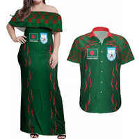 Custom Bangladesh Football Couples Matching Off Shoulder Maxi Dress and Hawaiian Shirt Bengal Tigers Green-Red Warriors