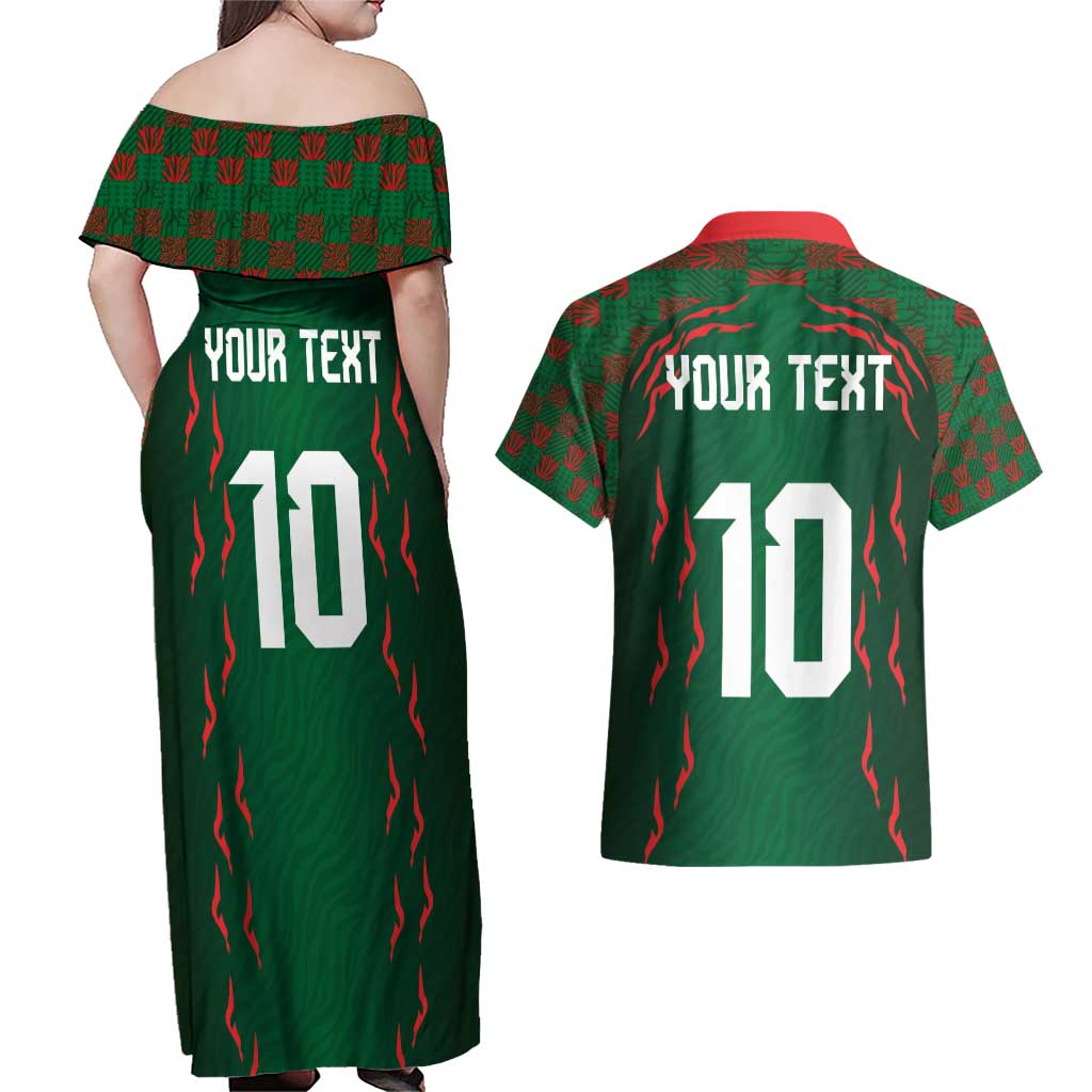 Custom Bangladesh Football Couples Matching Off Shoulder Maxi Dress and Hawaiian Shirt Bengal Tigers Green-Red Warriors