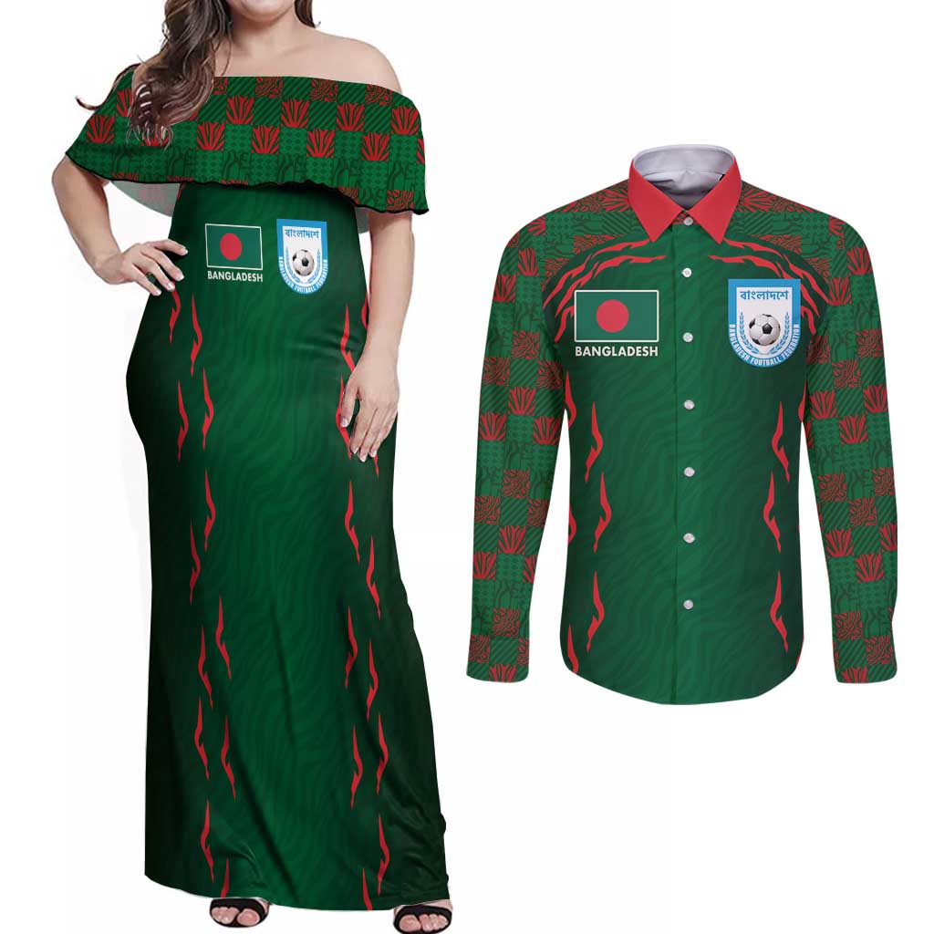 Custom Bangladesh Football Couples Matching Off Shoulder Maxi Dress and Long Sleeve Button Shirt Bengal Tigers Green-Red Warriors