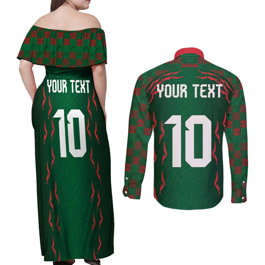 Custom Bangladesh Football Couples Matching Off Shoulder Maxi Dress and Long Sleeve Button Shirt Bengal Tigers Green-Red Warriors