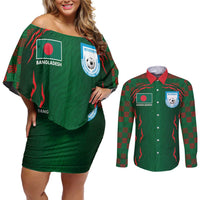 Custom Bangladesh Football Couples Matching Off Shoulder Short Dress and Long Sleeve Button Shirt Bengal Tigers Green-Red Warriors