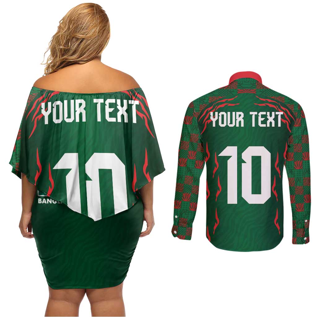 Custom Bangladesh Football Couples Matching Off Shoulder Short Dress and Long Sleeve Button Shirt Bengal Tigers Green-Red Warriors