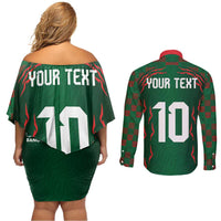 Custom Bangladesh Football Couples Matching Off Shoulder Short Dress and Long Sleeve Button Shirt Bengal Tigers Green-Red Warriors