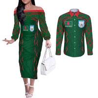 Custom Bangladesh Football Couples Matching Off The Shoulder Long Sleeve Dress and Long Sleeve Button Shirt Bengal Tigers Green-Red Warriors