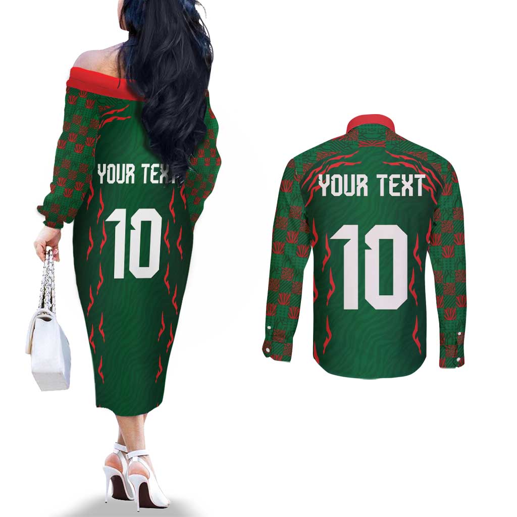 Custom Bangladesh Football Couples Matching Off The Shoulder Long Sleeve Dress and Long Sleeve Button Shirt Bengal Tigers Green-Red Warriors