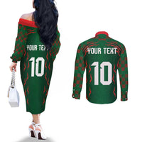 Custom Bangladesh Football Couples Matching Off The Shoulder Long Sleeve Dress and Long Sleeve Button Shirt Bengal Tigers Green-Red Warriors