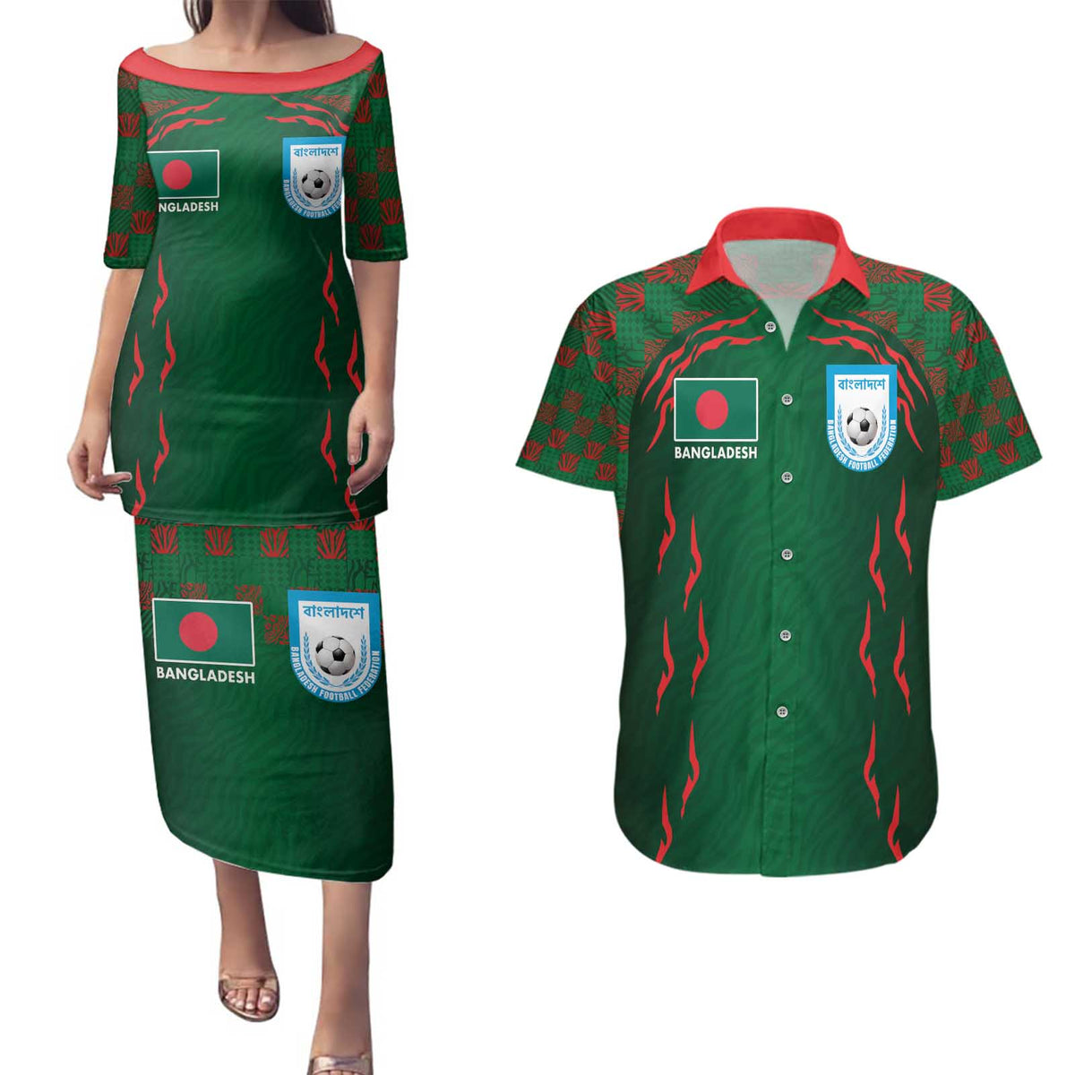 Custom Bangladesh Football Couples Matching Puletasi and Hawaiian Shirt Bengal Tigers Green-Red Warriors