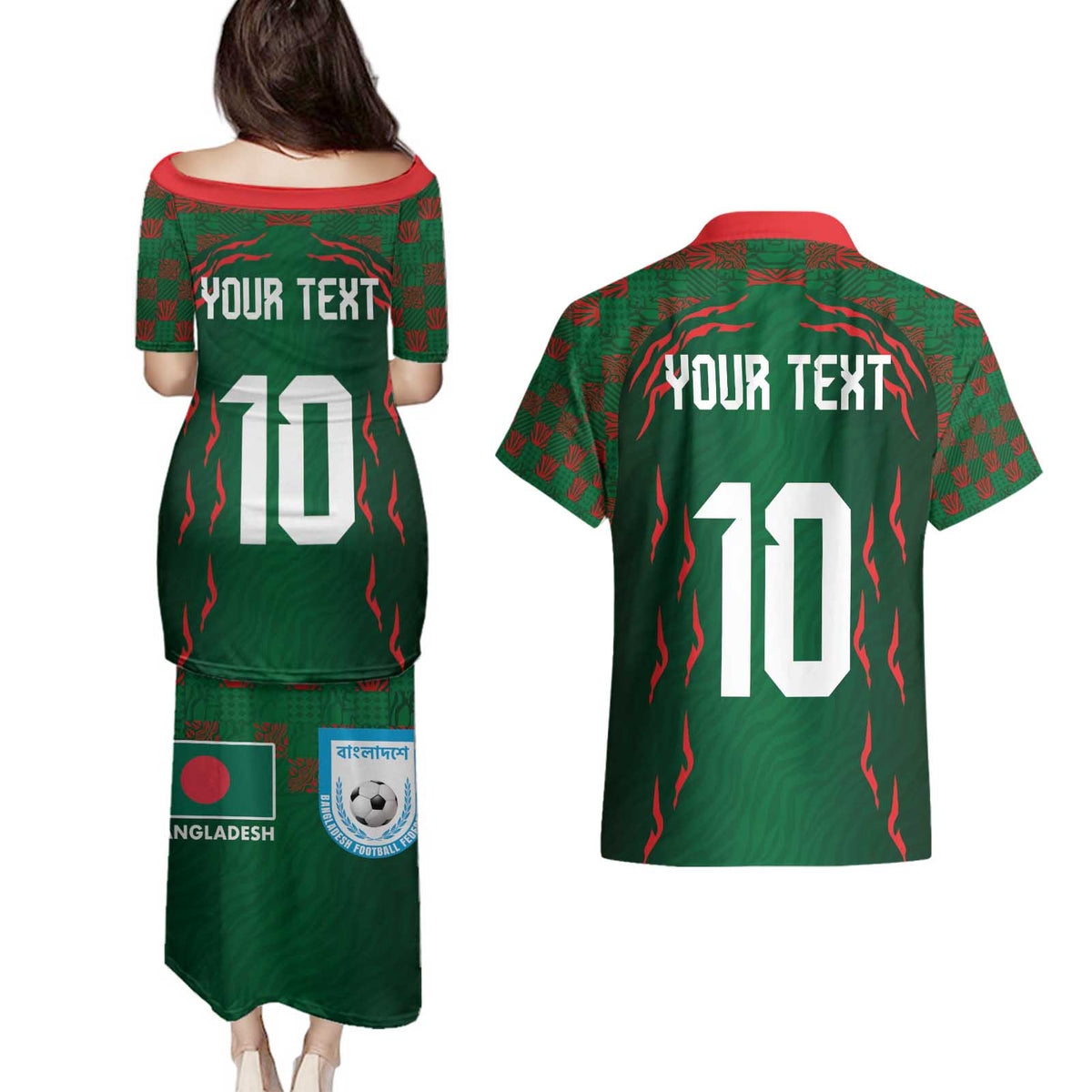 Custom Bangladesh Football Couples Matching Puletasi and Hawaiian Shirt Bengal Tigers Green-Red Warriors
