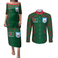 Custom Bangladesh Football Couples Matching Puletasi and Long Sleeve Button Shirt Bengal Tigers Green-Red Warriors