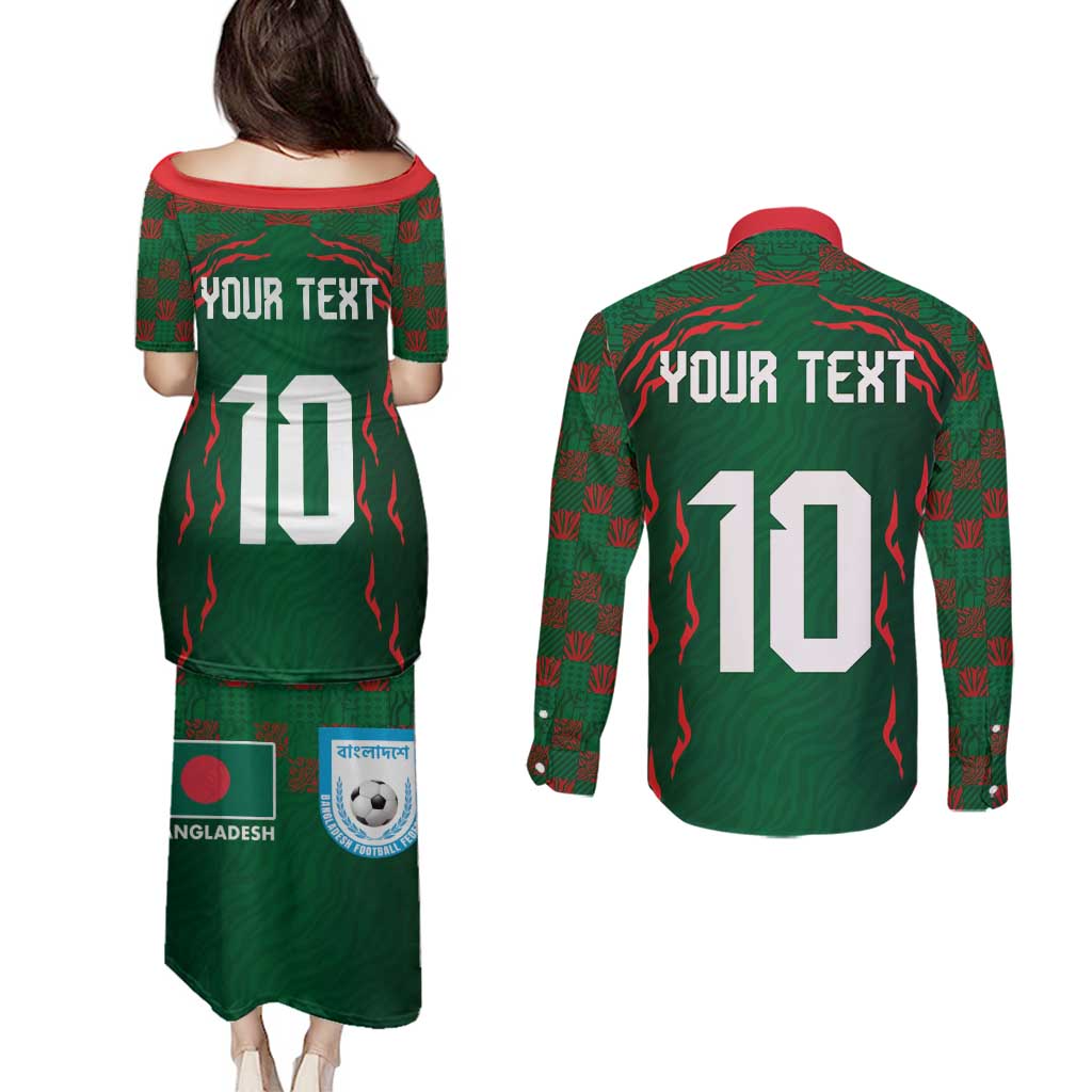 Custom Bangladesh Football Couples Matching Puletasi and Long Sleeve Button Shirt Bengal Tigers Green-Red Warriors