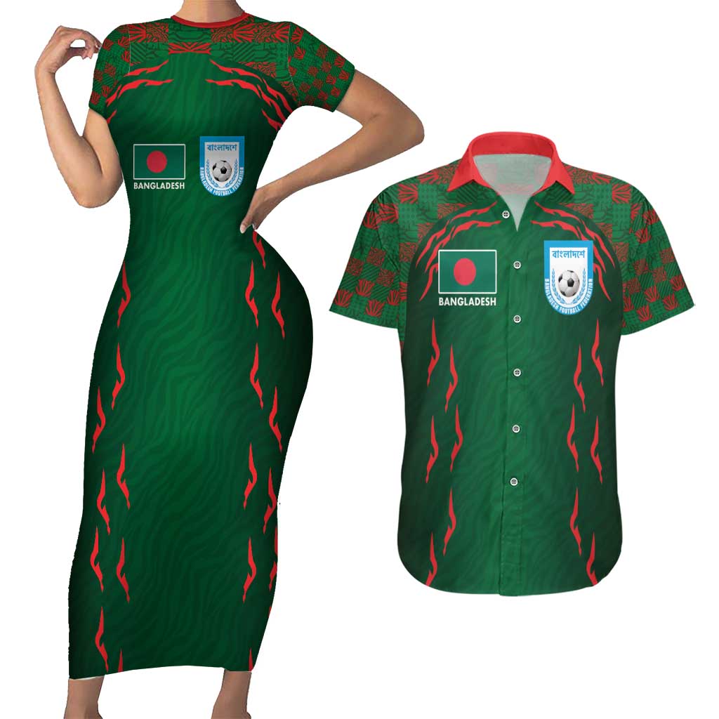 Custom Bangladesh Football Couples Matching Short Sleeve Bodycon Dress and Hawaiian Shirt Bengal Tigers Green-Red Warriors