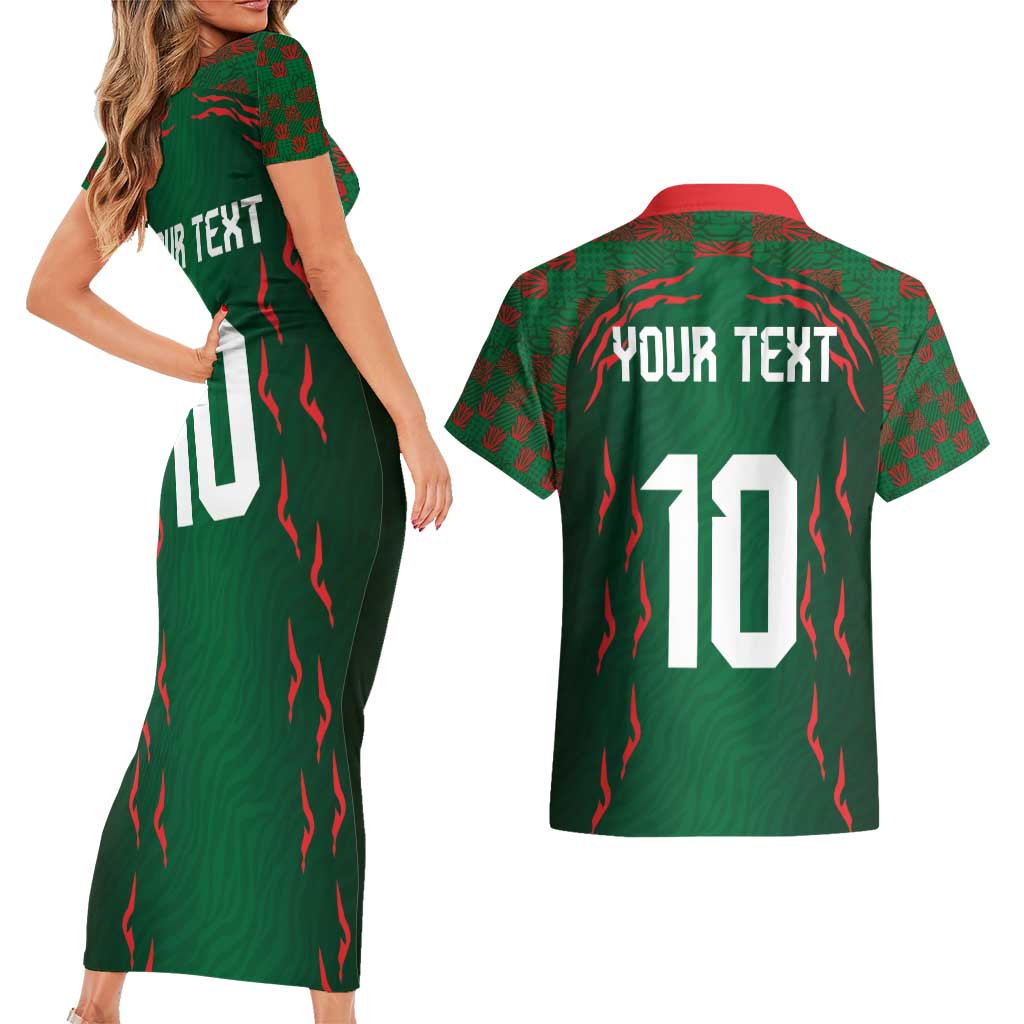 Custom Bangladesh Football Couples Matching Short Sleeve Bodycon Dress and Hawaiian Shirt Bengal Tigers Green-Red Warriors
