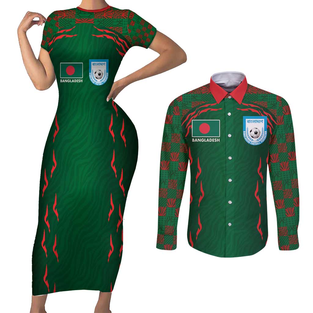Custom Bangladesh Football Couples Matching Short Sleeve Bodycon Dress and Long Sleeve Button Shirt Bengal Tigers Green-Red Warriors