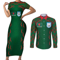 Custom Bangladesh Football Couples Matching Short Sleeve Bodycon Dress and Long Sleeve Button Shirt Bengal Tigers Green-Red Warriors